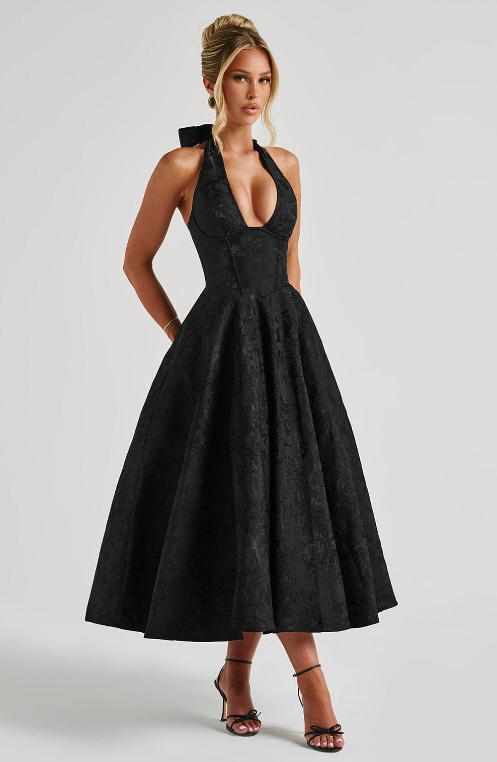Celestine | Women's Jacquard Deep V Halter Neck A-Line Midi Dress Carol & Margaret Wilmington