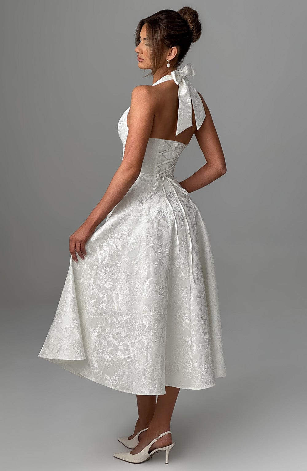 Celestine | Women's Jacquard Deep V Halter Neck A-Line Midi Dress Carol & Margaret Wilmington