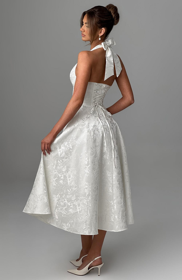 Celestine | Women's Jacquard Deep V Halter Neck A-Line Midi Dress Carol & Margaret Wilmington