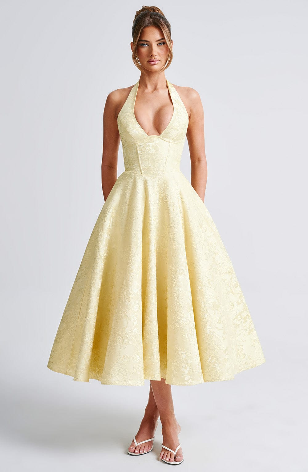 Celestine | Women's Jacquard Deep V Halter Neck A-Line Midi Dress Carol & Margaret Wilmington