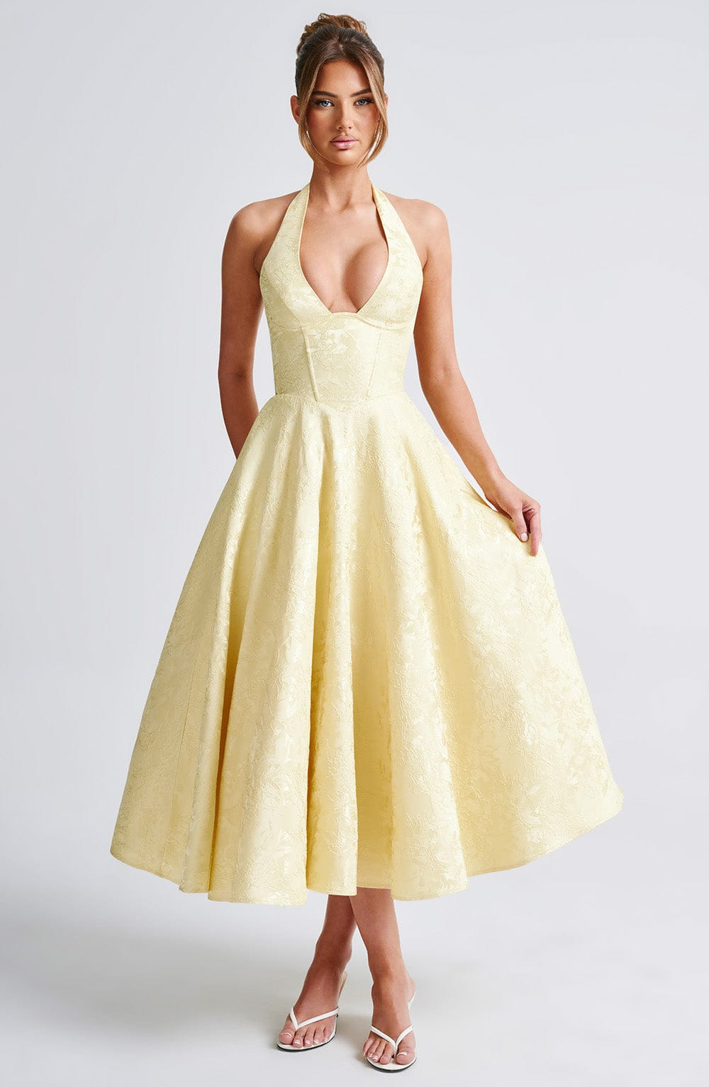 Celestine | Women's Jacquard Deep V Halter Neck A-Line Midi Dress Carol & Margaret Wilmington