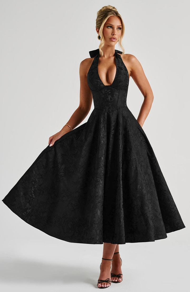 Celestine | Women's Jacquard Deep V Halter Neck A-Line Midi Dress Carol & Margaret Wilmington