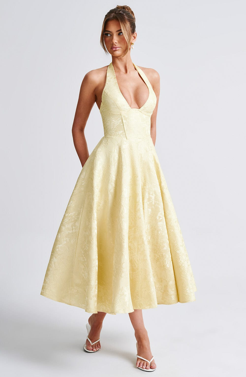 Celestine | Women's Jacquard Deep V Halter Neck A-Line Midi Dress Carol & Margaret Wilmington