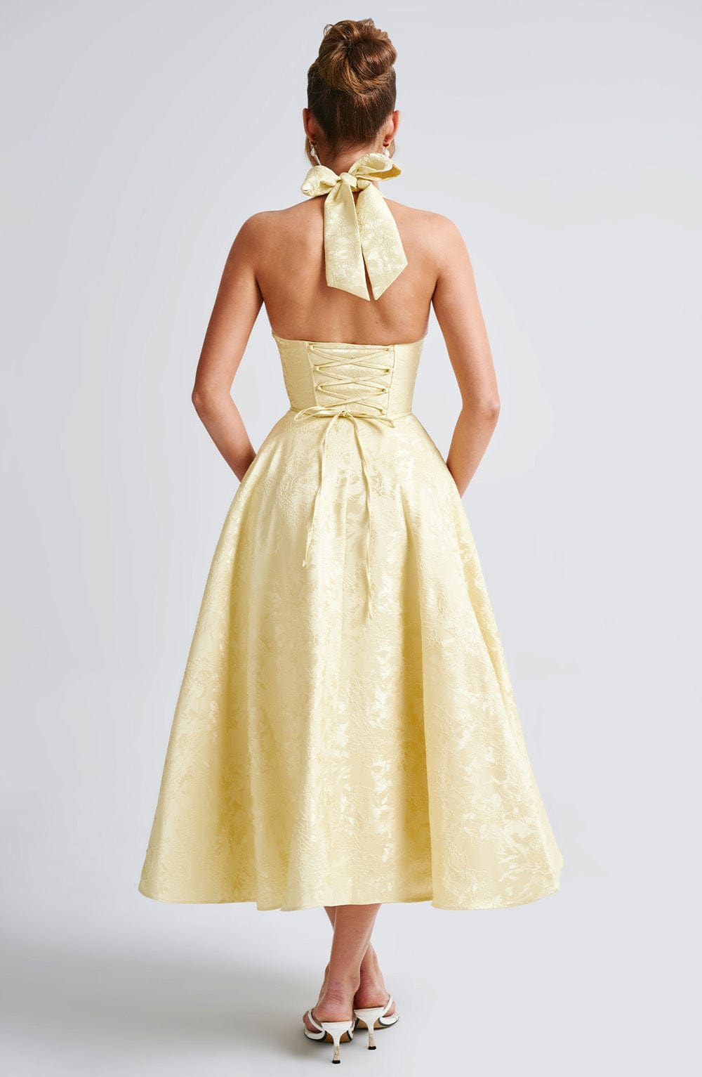 Celestine | Women's Jacquard Deep V Halter Neck A-Line Midi Dress Carol & Margaret Wilmington