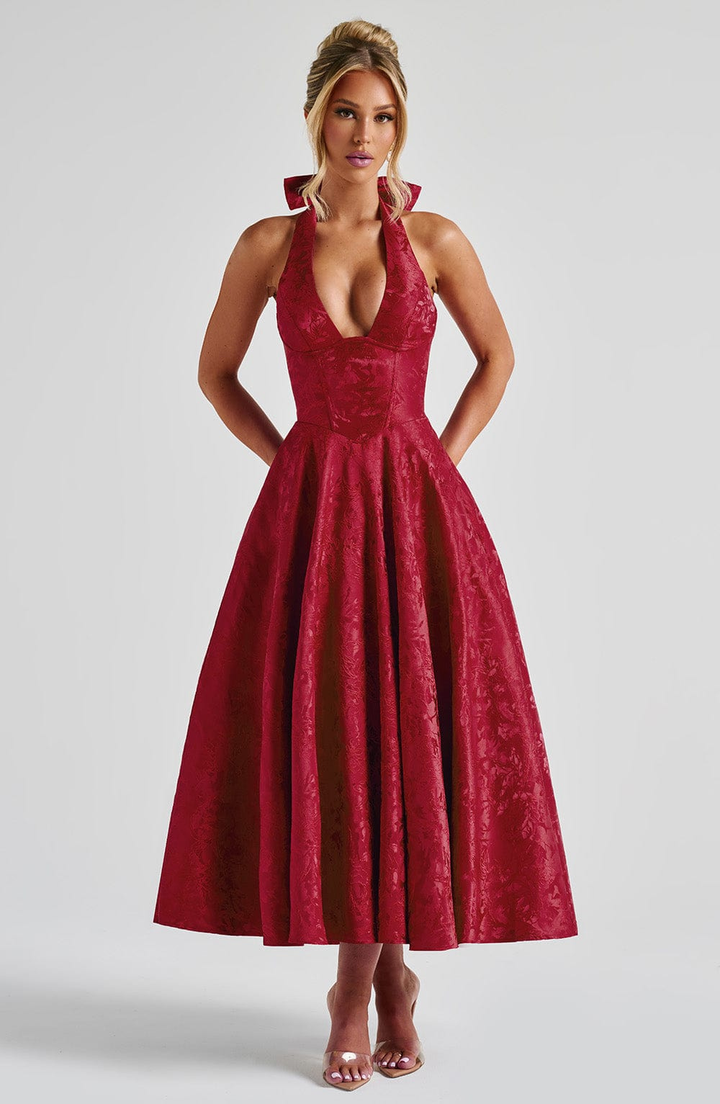 Celestine | Women's Jacquard Deep V Halter Neck A-Line Midi Dress Carol & Margaret Wilmington