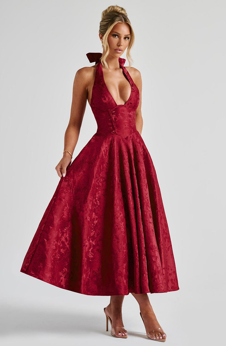 Celestine | Women's Jacquard Deep V Halter Neck A-Line Midi Dress Carol & Margaret Wilmington
