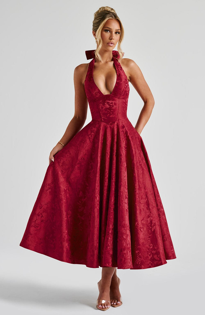 Celestine | Women's Jacquard Deep V Halter Neck A-Line Midi Dress Carol & Margaret Wilmington