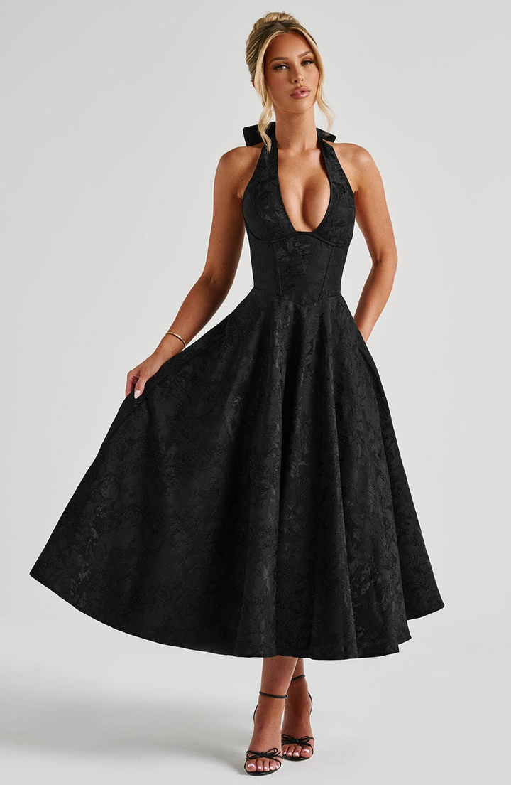 Celestine | Women's Jacquard Deep V Halter Neck A-Line Midi Dress Carol & Margaret Wilmington