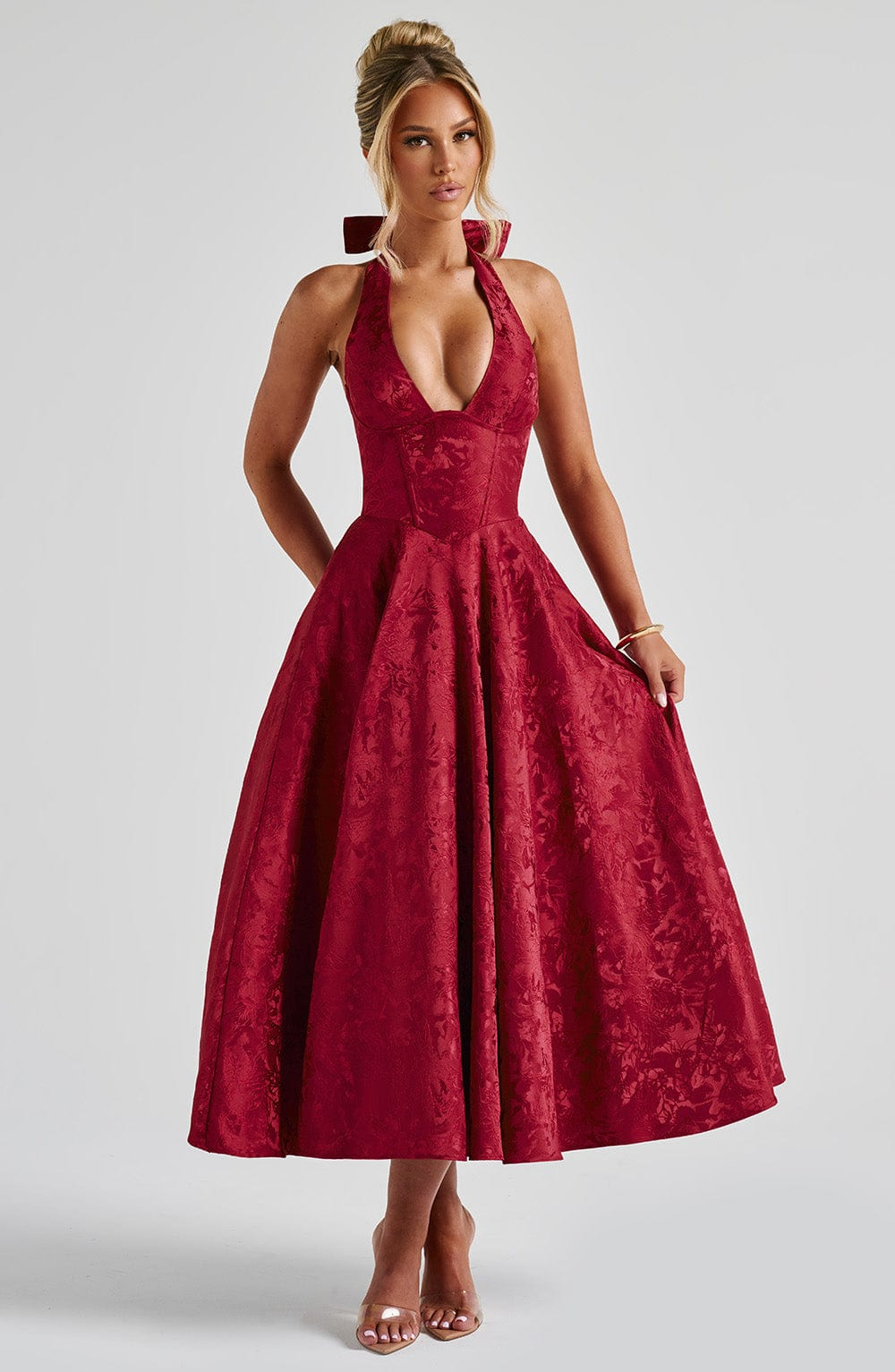 Celestine | Women's Jacquard Deep V Halter Neck A-Line Midi Dress Carol & Margaret Wilmington