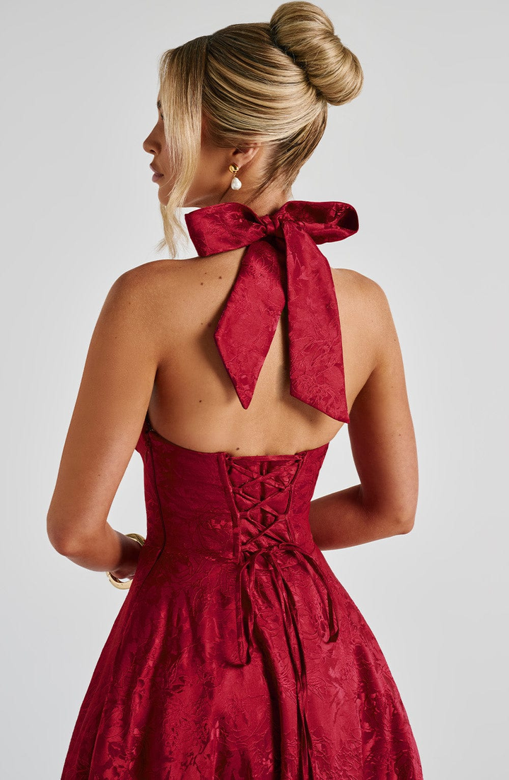 Celestine | Women's Jacquard Deep V Halter Neck A-Line Midi Dress Carol & Margaret Wilmington