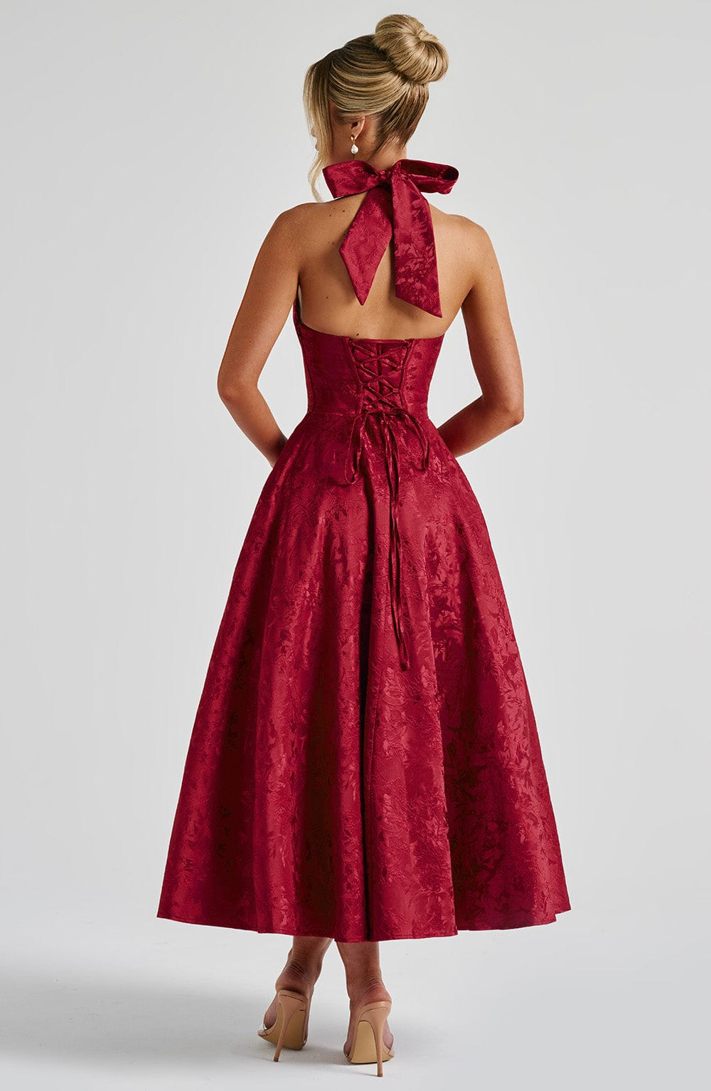 Celestine | Women's Jacquard Deep V Halter Neck A-Line Midi Dress Carol & Margaret Wilmington