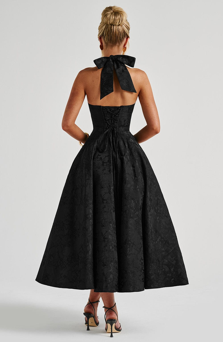 Celestine | Women's Jacquard Deep V Halter Neck A-Line Midi Dress Carol & Margaret Wilmington