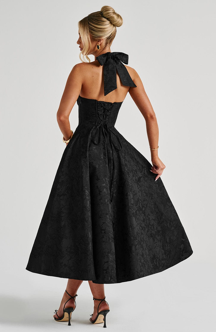 Celestine | Women's Jacquard Deep V Halter Neck A-Line Midi Dress Carol & Margaret Wilmington