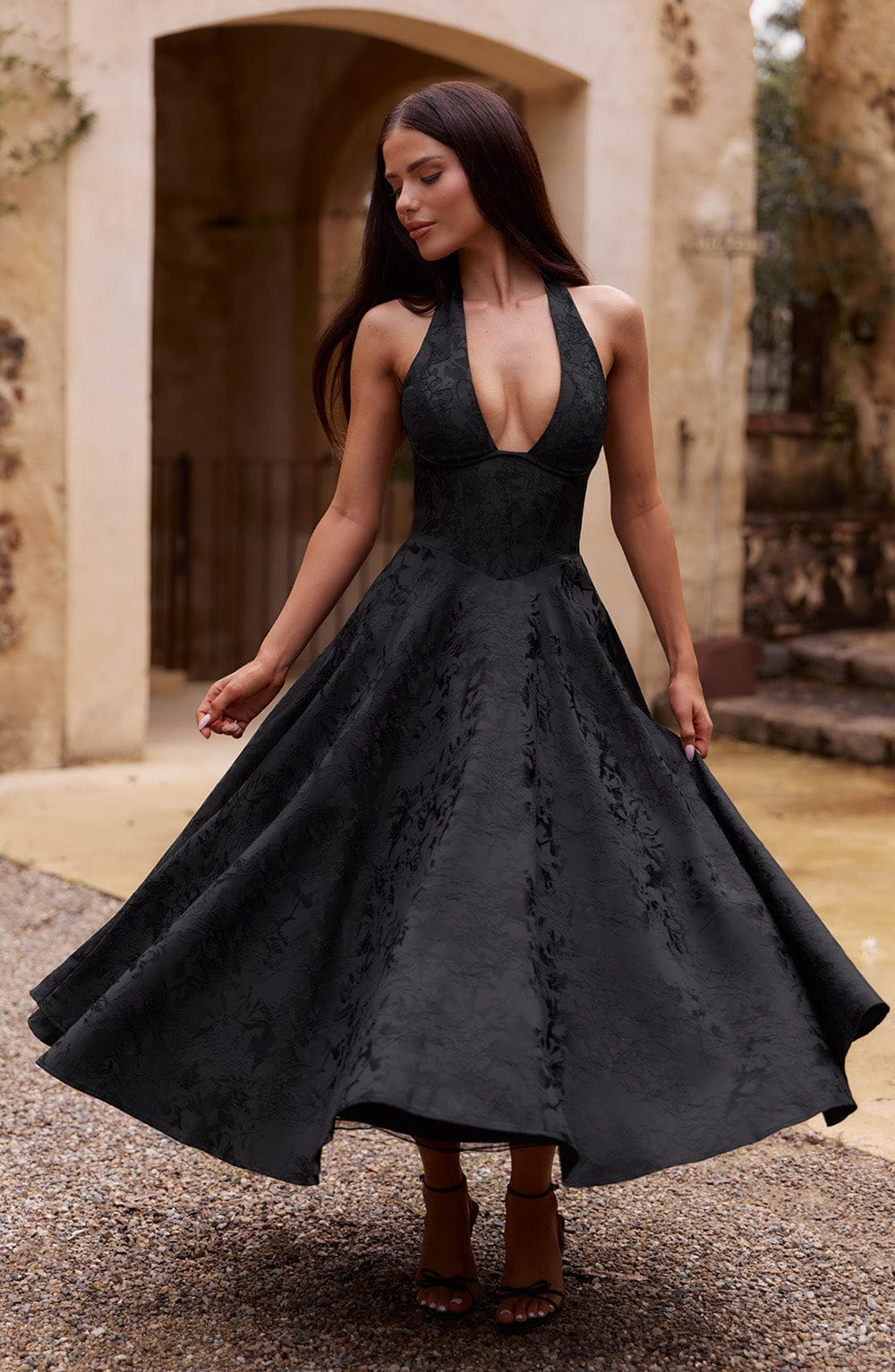Celestine | Women's Jacquard Deep V Halter Neck A-Line Midi Dress Carol & Margaret Wilmington