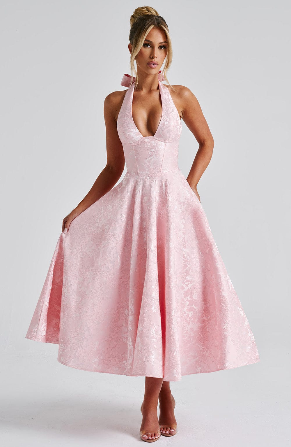Celestine | Women's Jacquard Deep V Halter Neck A-Line Midi Dress Carol & Margaret Wilmington