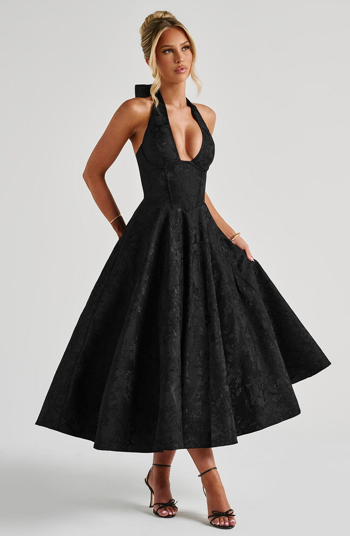 Celestine | Women's Jacquard Deep V Halter Neck A-Line Midi Dress Carol & Margaret Wilmington