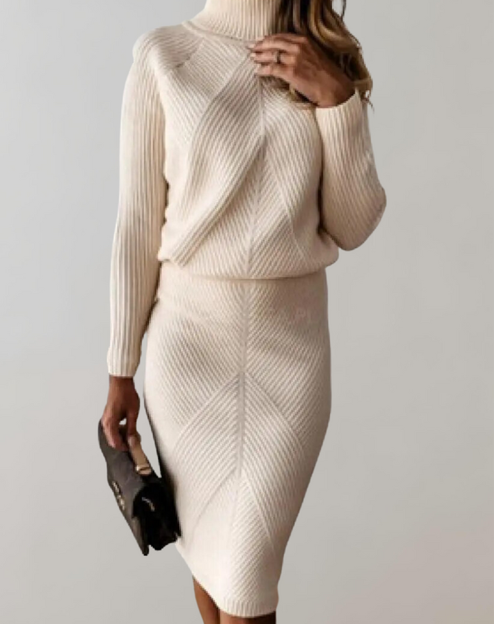 Charlee | Womens Refined Knit Co Ord Set With Turtleneck Top and Midi Skirt