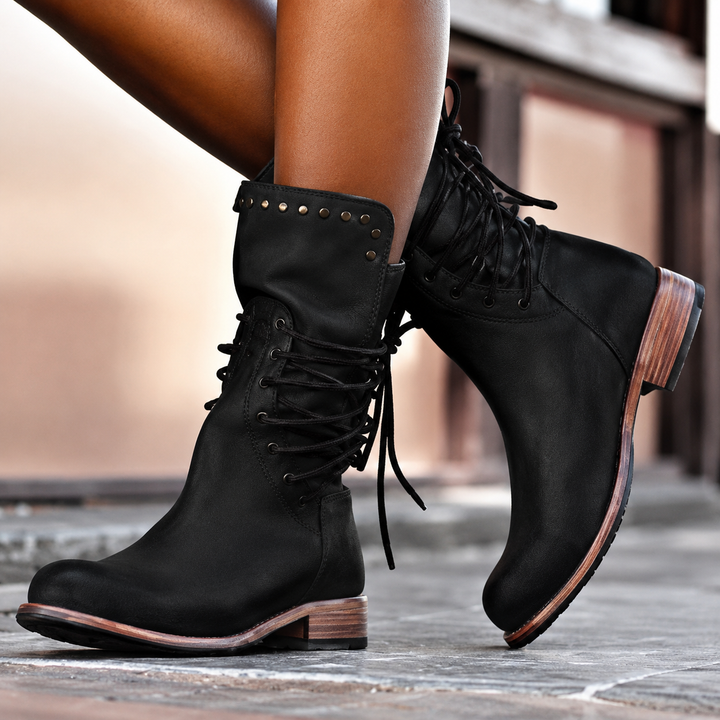 Women's studded lace-up block heel ankle boots