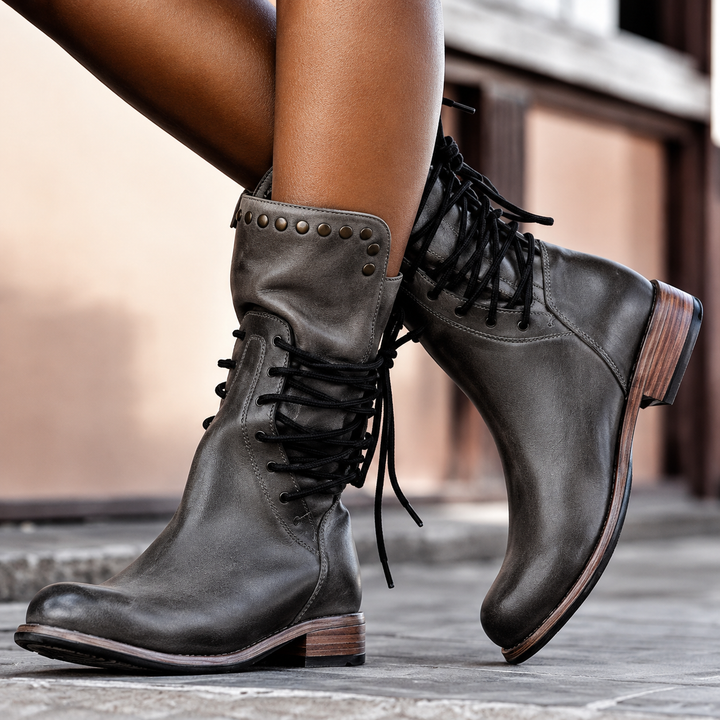 Women's studded lace-up block heel ankle boots