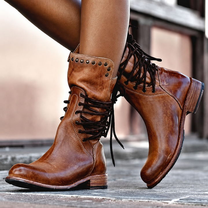 Women's studded lace-up block heel ankle boots