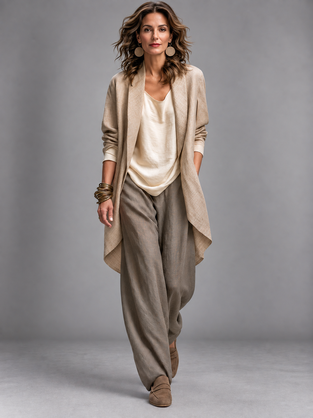Woman wearing taupe wide leg three piece pant suit set