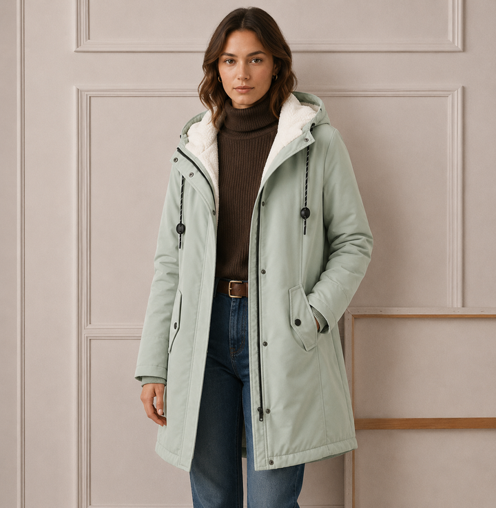 Woman wearing long quilted winter coat with hood outdoors