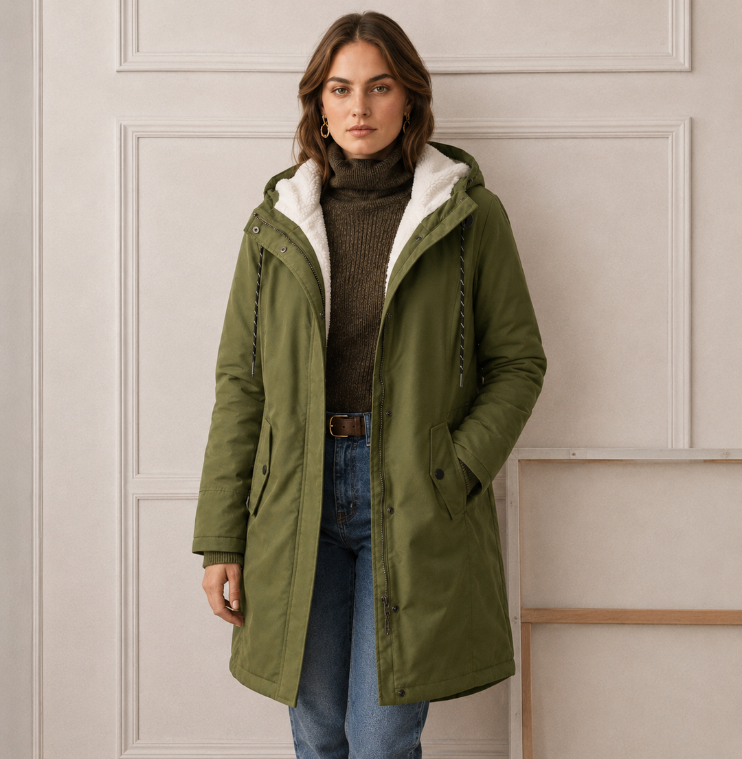 Woman wearing long quilted winter coat with hood outdoors