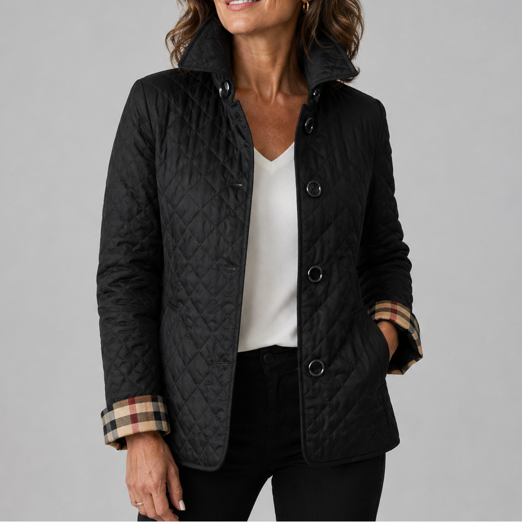 Woman wearing quilted button front jacket with spread collar