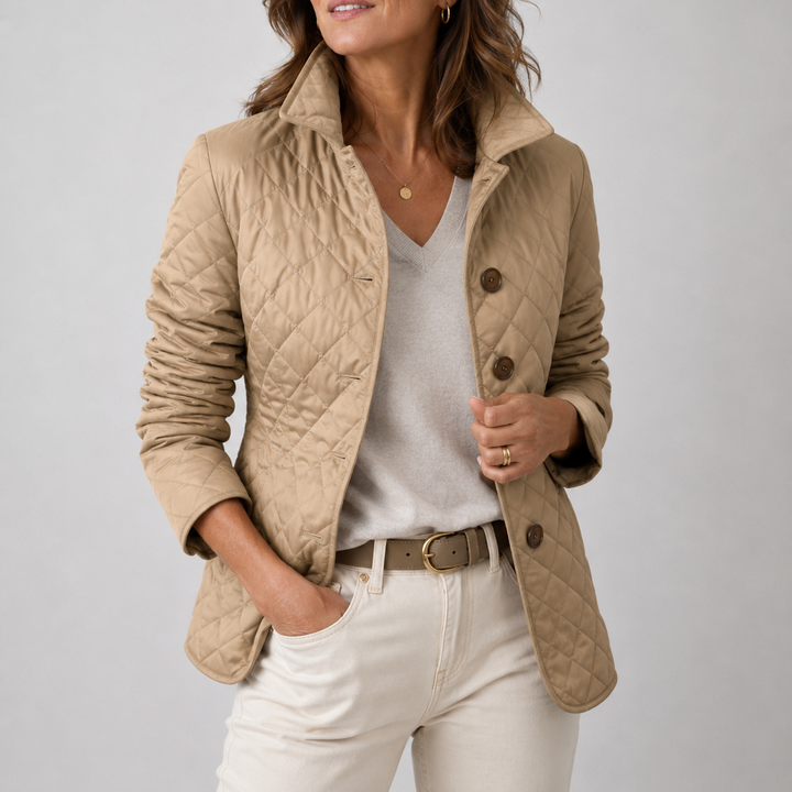 Woman wearing quilted button front jacket with spread collar