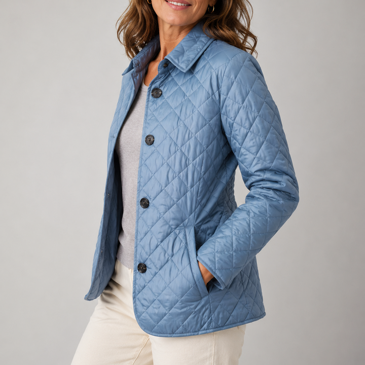 Woman wearing quilted button front jacket with spread collar