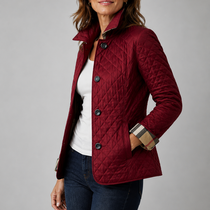 Woman wearing quilted button front jacket with spread collar