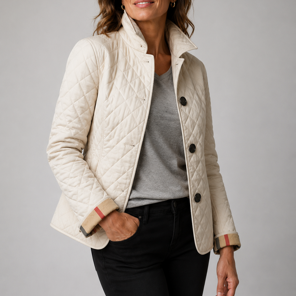 Woman wearing quilted button front jacket with spread collar