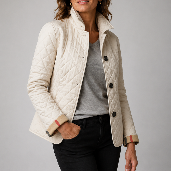 Woman wearing quilted button front jacket with spread collar