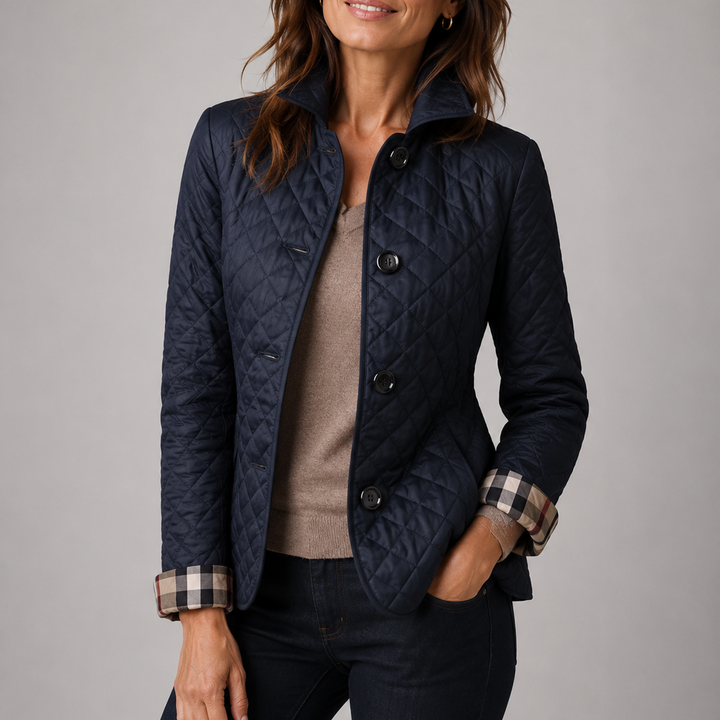 Woman wearing quilted button front jacket with spread collar