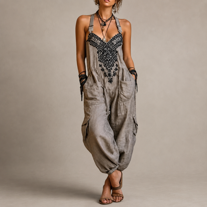 Embroidered boho harem jumpsuit with V-neck and pockets