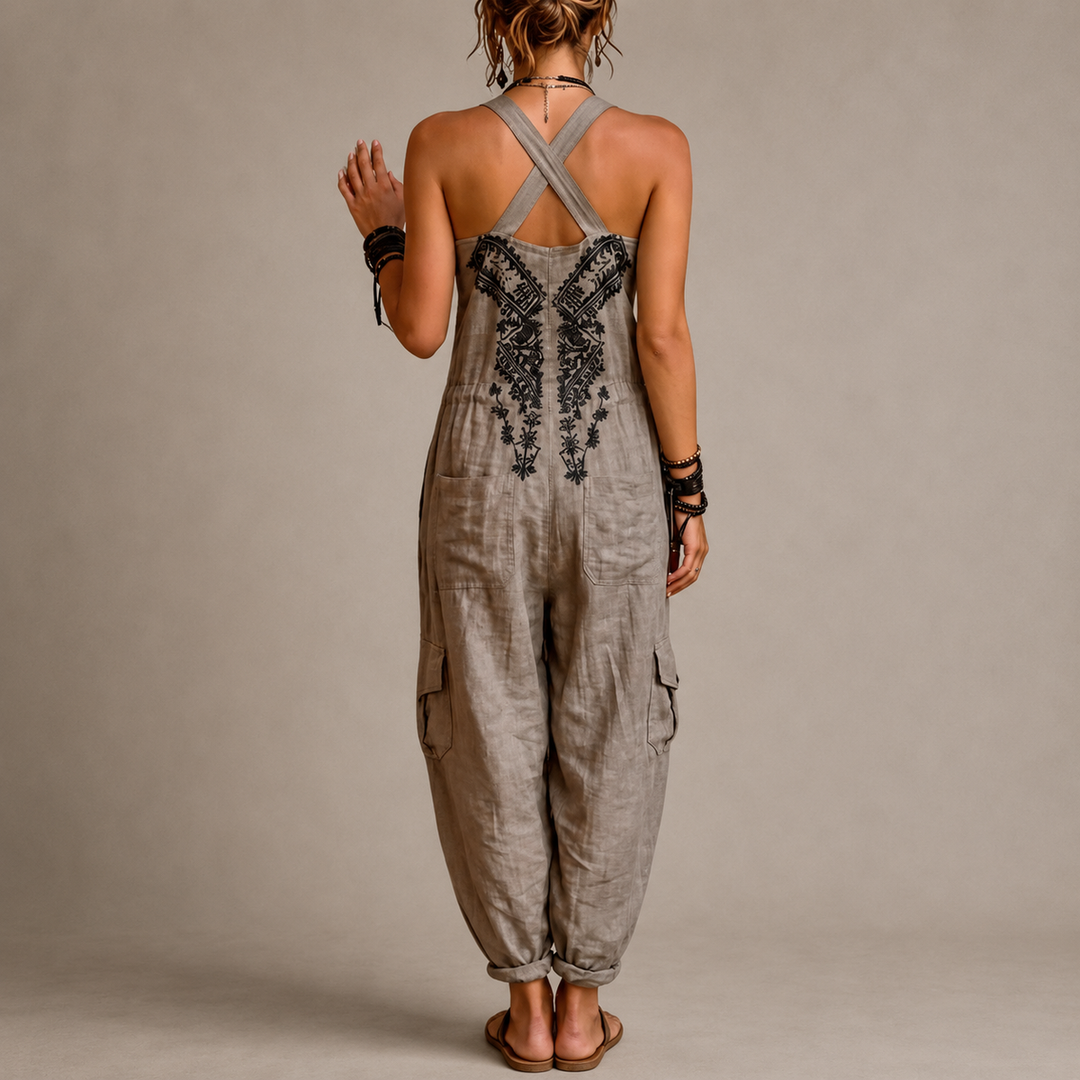 Embroidered boho harem jumpsuit with V-neck and pockets