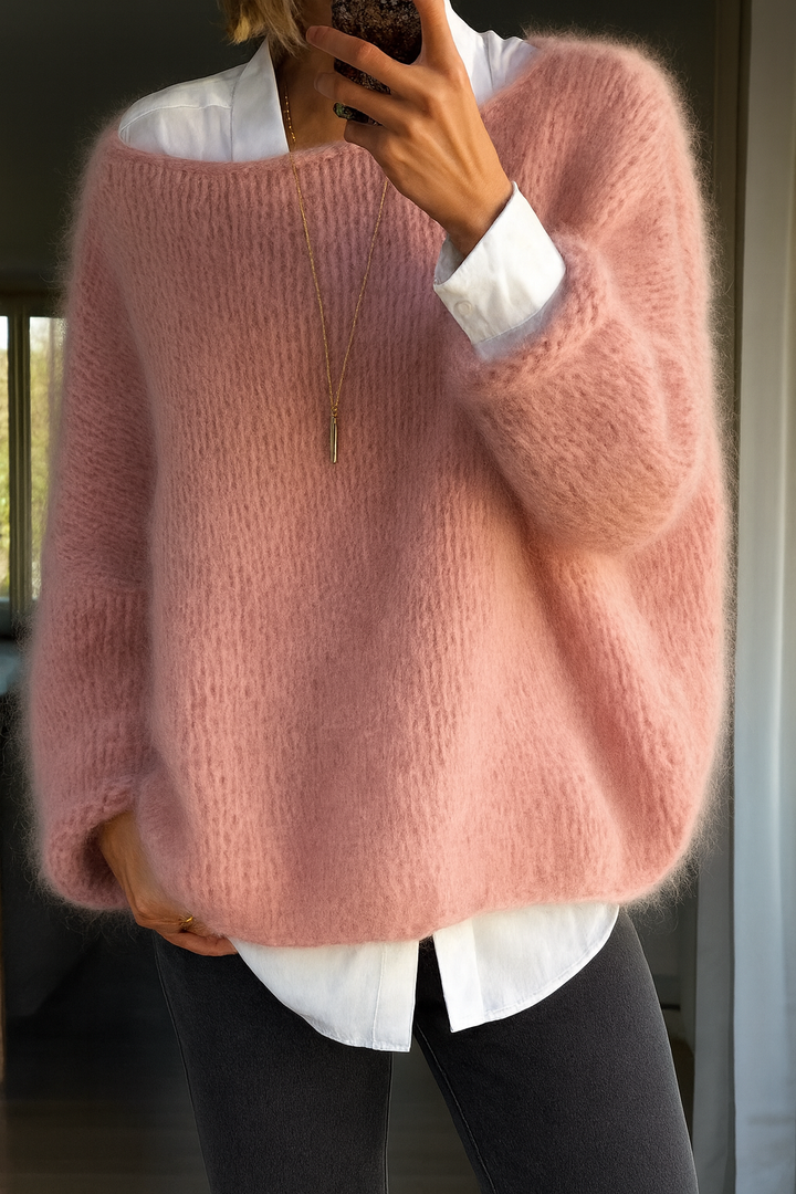 Women's pullover sweater in pink, grey and green