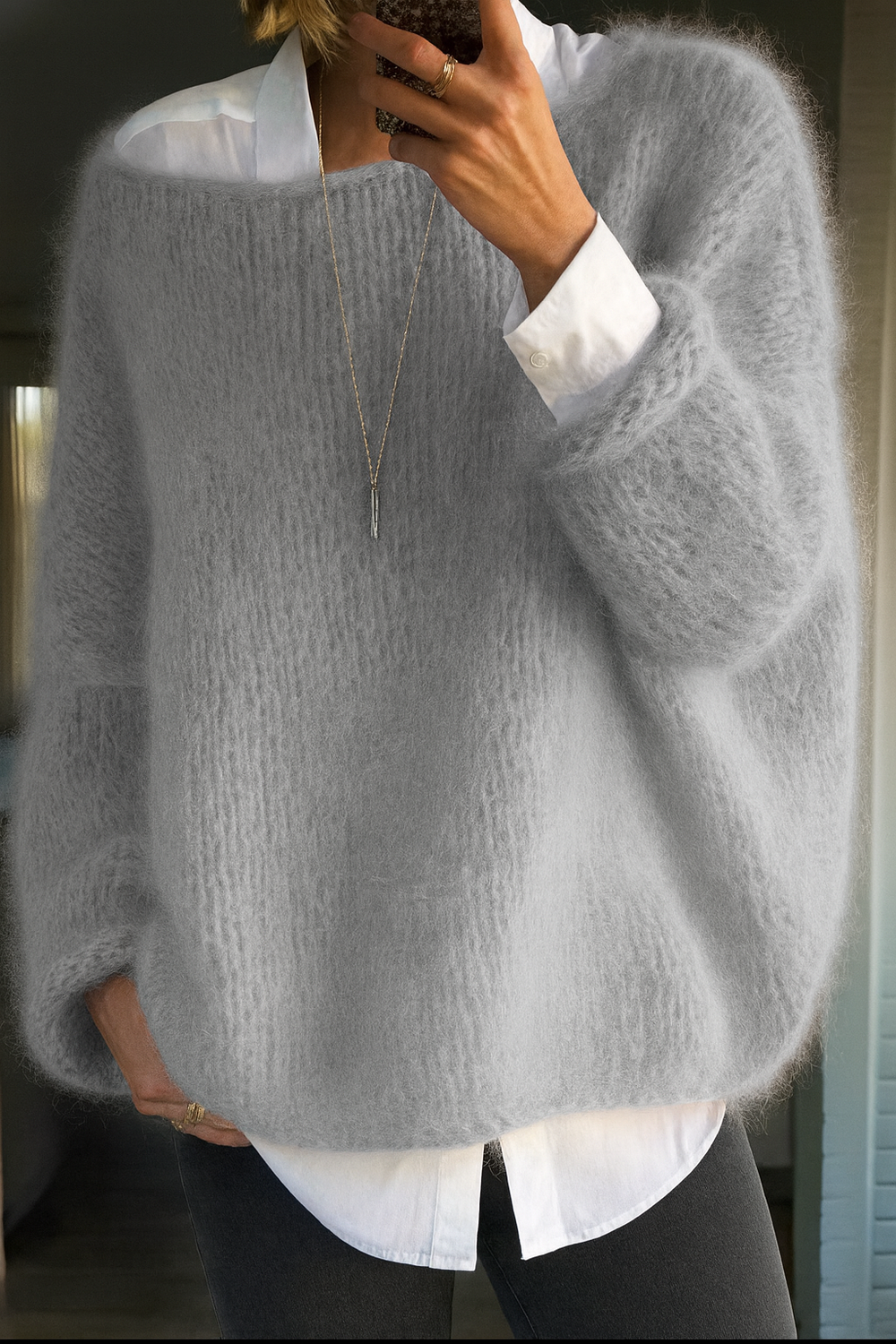 Women's pullover sweater in pink, grey and green