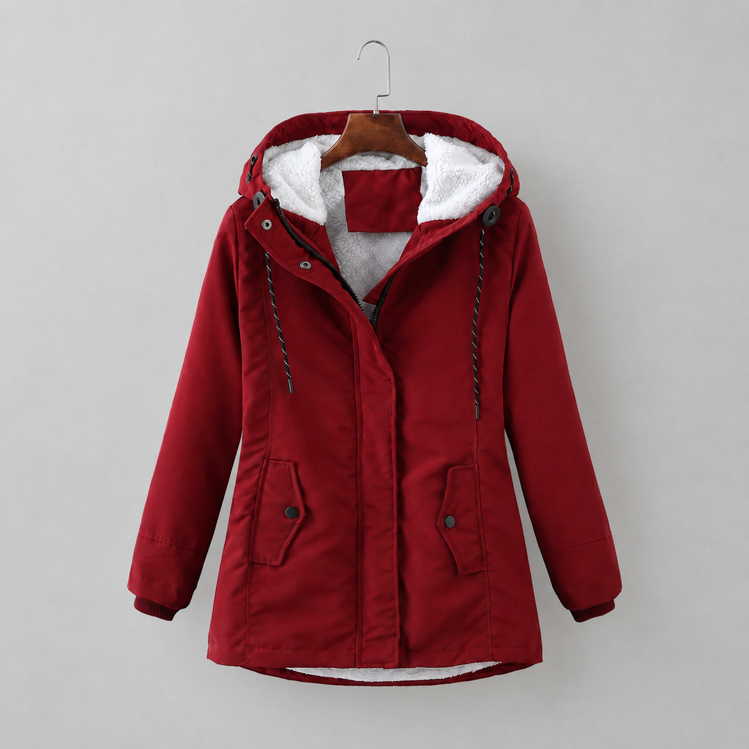 Woman wearing long quilted winter coat with hood outdoors