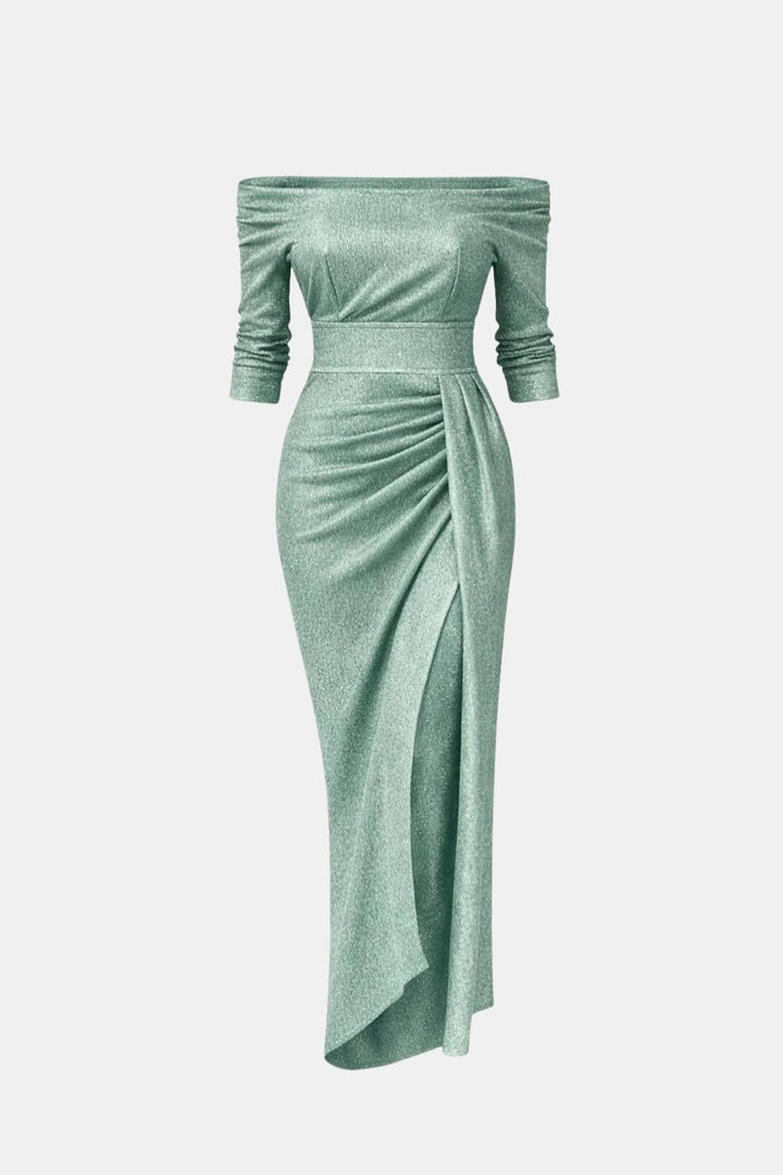 Kimberly | Women's Ruched Off-Shoulder High-Slit Maxi Dress