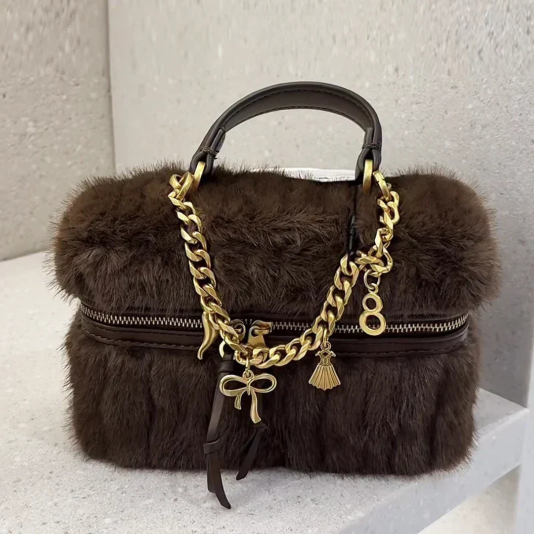 Coco | Women's Brown Faux Fur Gold Chain Charm Top Handle Vanity Bag Carol & Margaret Wilmington