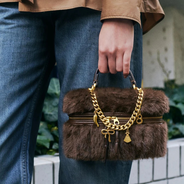 Coco | Women's Brown Faux Fur Gold Chain Charm Top Handle Vanity Bag Carol & Margaret Wilmington