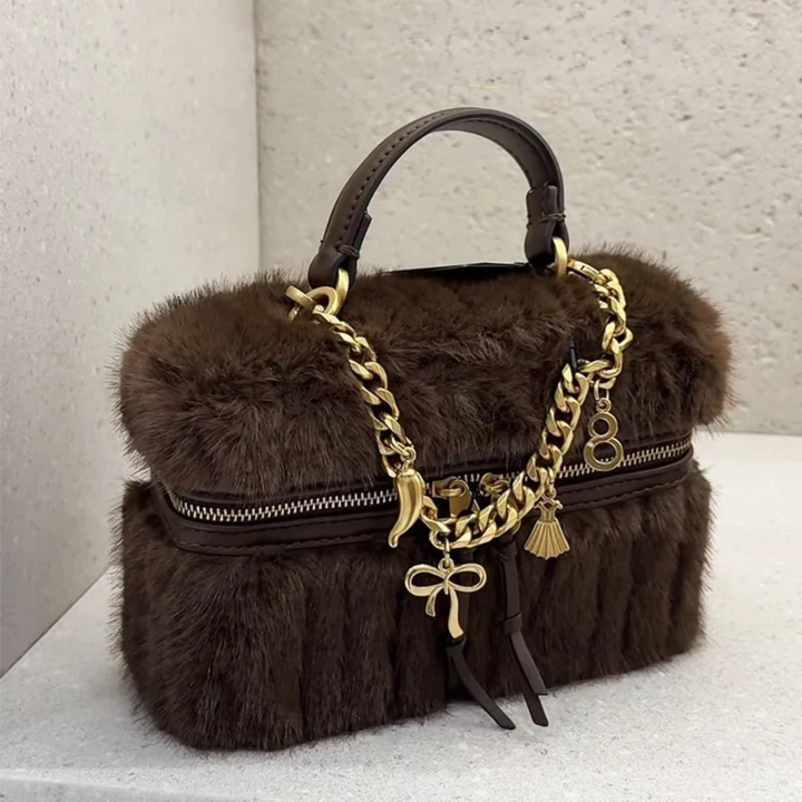 Coco | Women's Brown Faux Fur Gold Chain Charm Top Handle Vanity Bag Carol & Margaret Wilmington