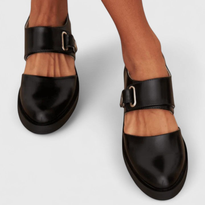 Cove | Women's Black Leather Cutout Buckle Strap Mary Jane Flats Carol & Margaret Wilmington