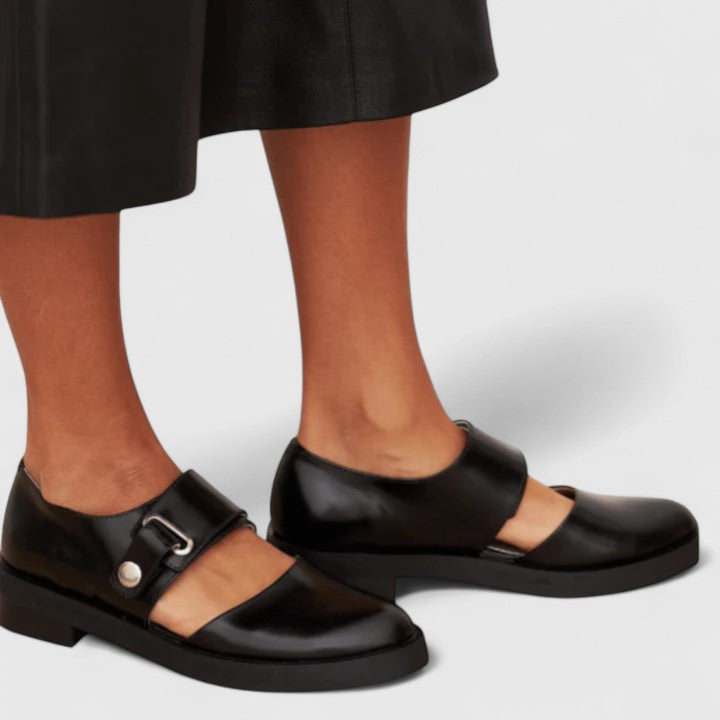 Cove | Women's Black Leather Cutout Buckle Strap Mary Jane Flats Carol & Margaret Wilmington