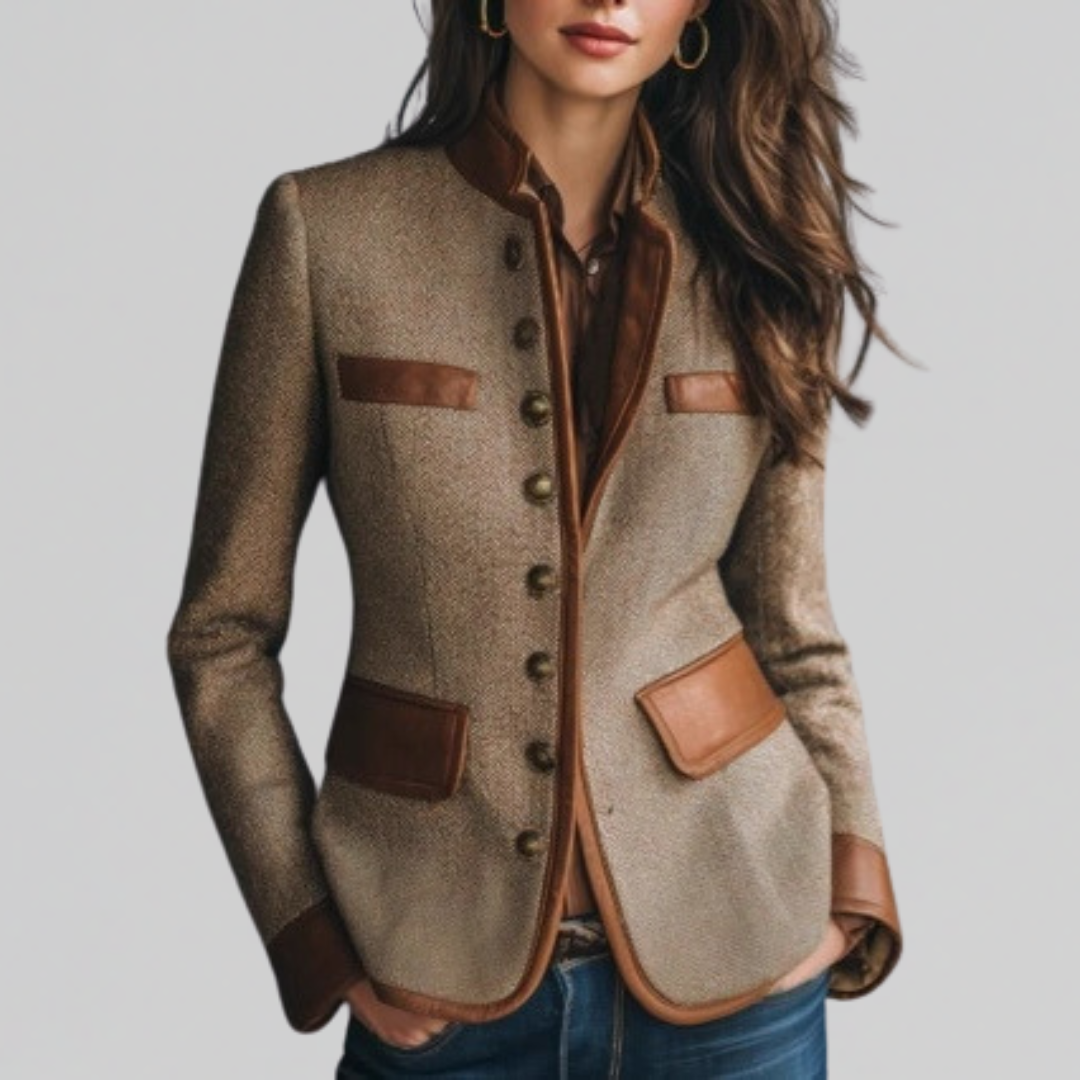 Woman wearing brown textured tailored jacket with waist shaping
