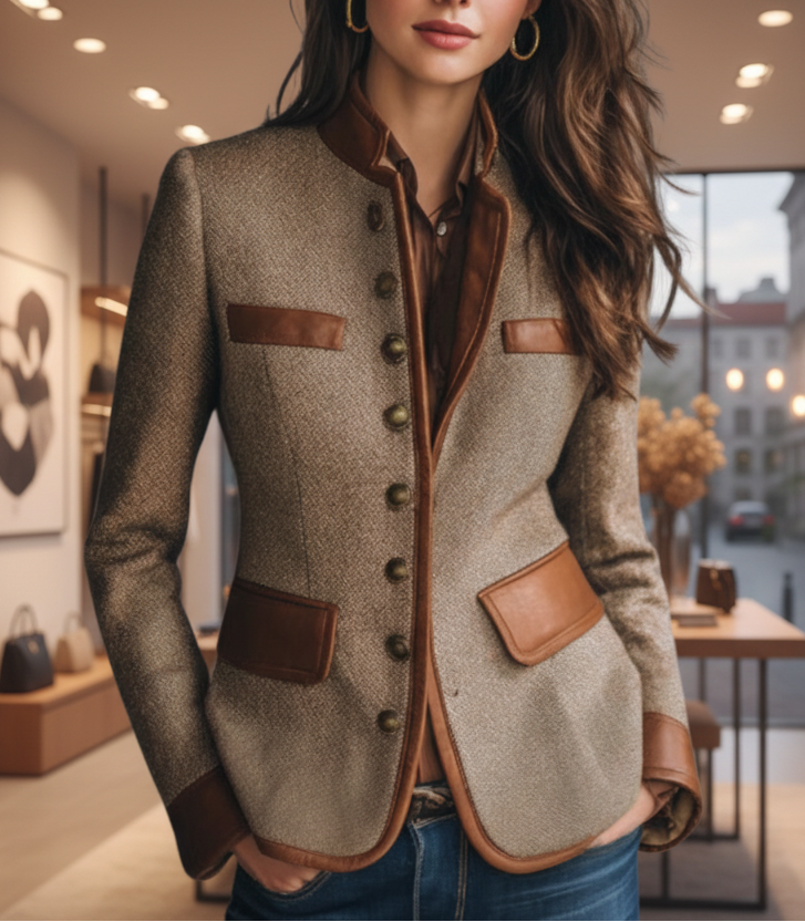 Woman wearing brown textured tailored jacket with waist shaping