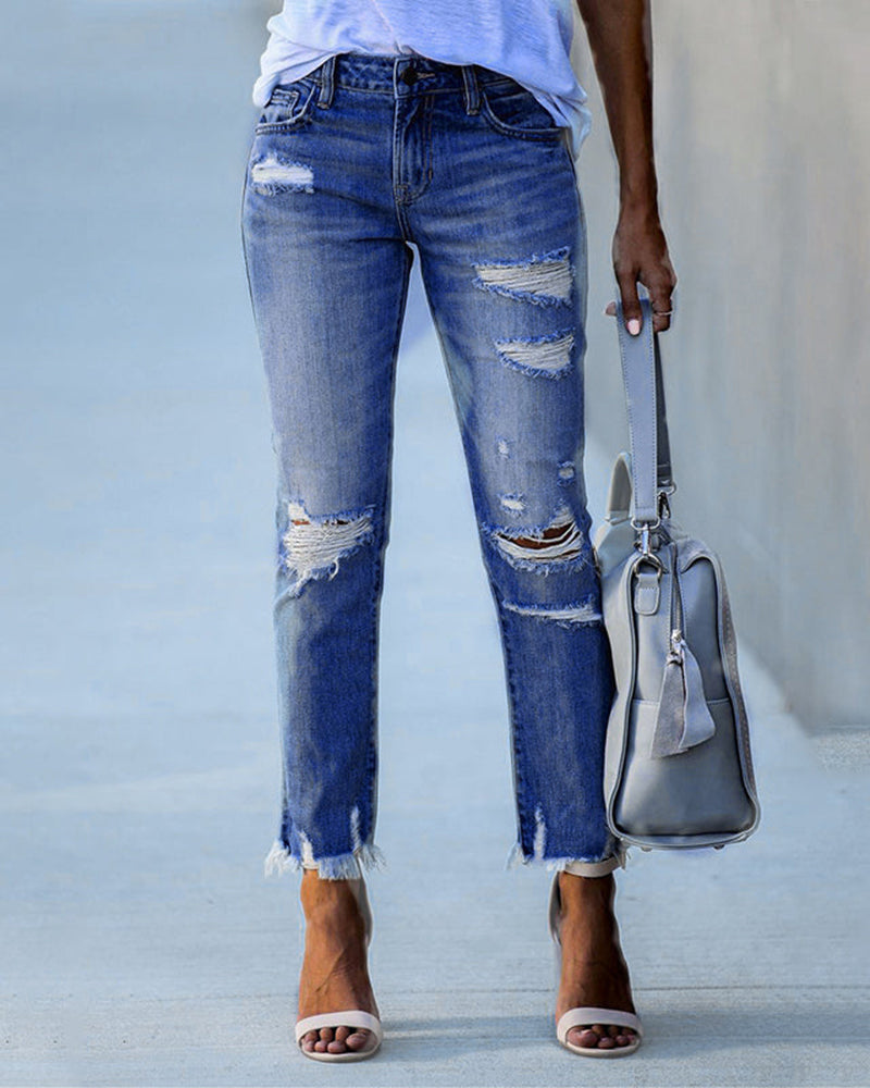 Holland | Women's Straight Leg Ripped Frayed Hem Jeans