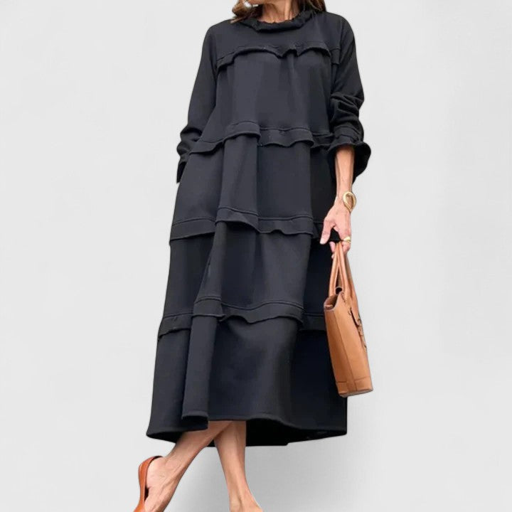 Darby | Women's Black Stretch Tiered Ruffle Long Sleeve Midi Dress Carol & Margaret Wilmington
