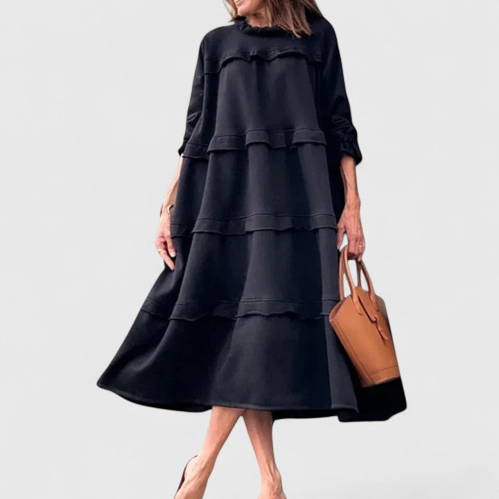 Darby | Women's Black Stretch Tiered Ruffle Long Sleeve Midi Dress Carol & Margaret Wilmington